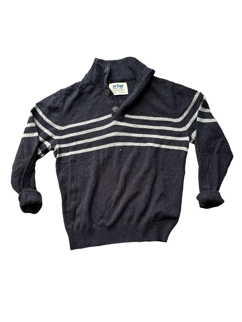 urban pipeline Navy and White Striped Shawl Collar Zip-Up Sweater